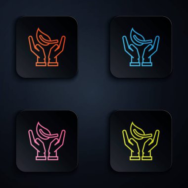 Siyah arkaplandaki çevre koruma ikonunun renkli neon çizgisi filizi. Tohum ve tohum. Fidan dikiyorum. Ekoloji konsepti. Renkli kare düğmelere simgeleri yerleştir. Vektör İllüstrasyonu