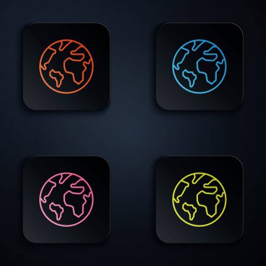 Dünya 'nın renkli neon çizgisi simgesi siyah arkaplanda izole edildi. Dünya ya da Dünya işareti. Küresel internet sembolü. Geometrik şekiller. Renkli kare düğmelere simgeleri yerleştir. Vektör İllüstrasyonu