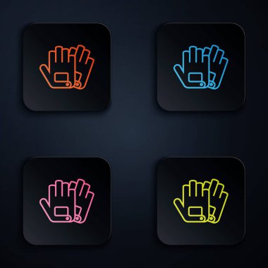 Renkli neon çizgisi simgesi siyah arkaplanda izole edildi. Olağanüstü bir spor. Spor malzemeleri. Renkli kare düğmelere simgeleri yerleştir. Vektör İllüstrasyonu