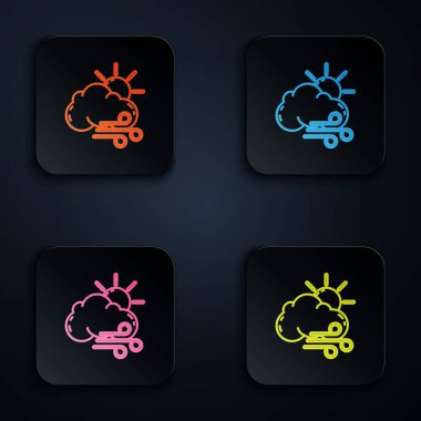 Renkli neon çizgisi. Rüzgarlı hava simgesi siyah arkaplanda izole edildi. Bulutlu ve rüzgarlı güneş. Renkli kare düğmelere simgeleri yerleştir. Vektör İllüstrasyonu