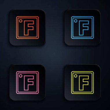 Renkli neon çizgisi Fahrenheit simgesi siyah arkaplanda izole edildi. Renkli kare düğmelere simgeleri yerleştir. Vektör İllüstrasyonu