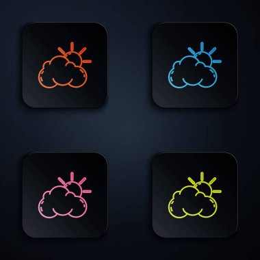 Renkli neon hattı güneş ve bulut hava durumu ikonu siyah arkaplanda izole edildi. Renkli kare düğmelere simgeleri yerleştir. Vektör İllüstrasyonu
