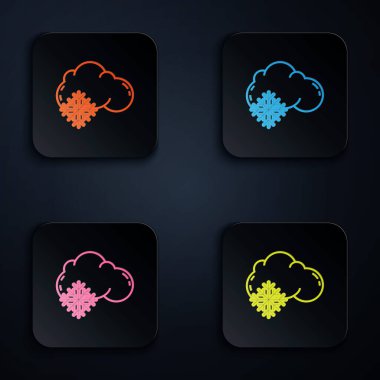 Siyah zemin üzerinde kar simgesi olan renkli neon çizgisi. Kar taneli bulut. Tek hava ikonu. Kar tabelası. Renkli kare düğmelere simgeleri yerleştir. Vektör İllüstrasyonu