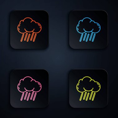 Siyah zemin üzerinde yağmur simgesi olan renkli neon çizgi bulutu. Yağmur damlaları ile yağmur bulutu yağışı. Renkli kare düğmelere simgeleri yerleştir. Vektör İllüstrasyonu
