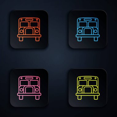 Renkli neon hattı okul servisi simgesi siyah arkaplanda izole edildi. Toplu taşıma sembolü. Renkli kare düğmelere simgeleri yerleştir. Vektör İllüstrasyonu