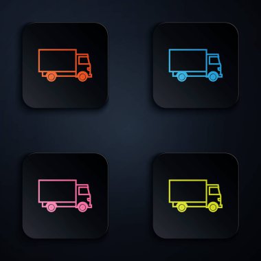Renkli neon hat kargo kamyonu ikonu siyah arka planda izole edildi. Renkli kare düğmelere simgeleri yerleştir. Vektör İllüstrasyonu