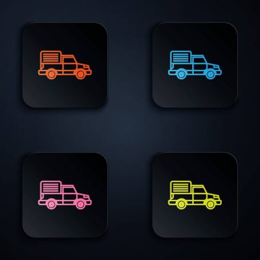 Renkli neon hat kargo kamyonu ikonu siyah arka planda izole edildi. Renkli kare düğmelere simgeleri yerleştir. Vektör İllüstrasyonu