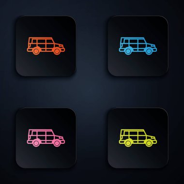 Renkli neon hattı off road car simgesi siyah arkaplanda izole edildi. Cip işareti. Renkli kare düğmelere simgeleri yerleştir. Vektör İllüstrasyonu