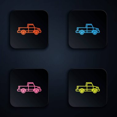 Renkli neon hat kamyonet ikonu siyah arkaplanda izole edildi. Renkli kare düğmelere simgeleri yerleştir. Vektör İllüstrasyonu