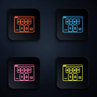 Renkli neon hattı çevrimiçi poker masası simgesi siyah arkaplanda izole edildi. İnternetteki kumarhane. Renkli kare düğmelere simgeleri yerleştir. Vektör İllüstrasyonu