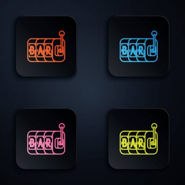 Renkli neon çizgi Slot makinesi simgesi siyah arkaplanda izole edildi. Renkli kare düğmelere simgeleri yerleştir. Vektör İllüstrasyonu