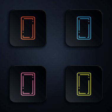 Renkli neon hattı siyah arkaplanda izole edilmiş kart oynatma simgesi. Kumarhane kumarı. Renkli kare düğmelere simgeleri yerleştir. Vektör İllüstrasyonu