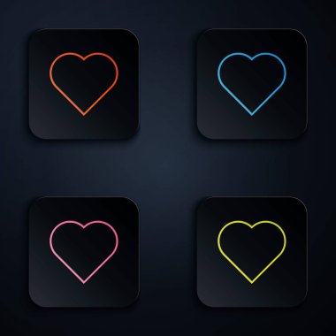 Renkli neon çizgisi. Siyah arkaplanda kalp sembolü simgesi olan kart oynanıyor. Kumarhane kumarı. Renkli kare düğmelere simgeleri yerleştir. Vektör İllüstrasyonu