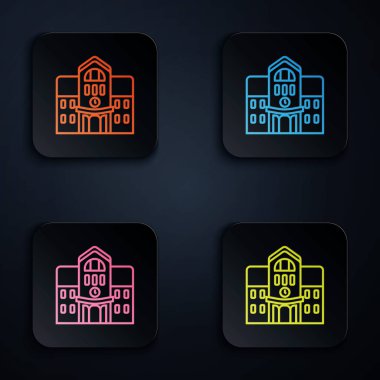 Renkli neon çizgisi okul binası simgesi siyah arkaplanda izole edildi. Renkli kare düğmelere simgeleri yerleştir. Vektör İllüstrasyonu