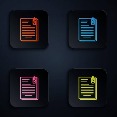Renk neon hattı dosya ve ataç simgesi siyah arkaplanda izole edildi. Kontrol listesi simgesi. İş konsepti. Renkli kare düğmelere simgeleri yerleştir. Vektör İllüstrasyonu