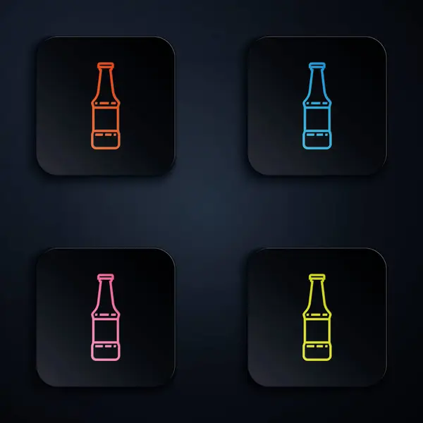 彩色霓虹灯线啤酒瓶子图标隔离在白色背景. 在彩色正方形按钮中设置图标. 病媒图解 — 图库矢量图片