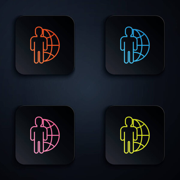 Color neon line Globe and people icon on black background. Global business symbol. Social network icon. Set icons in colorful square buttons. Vector Illustration