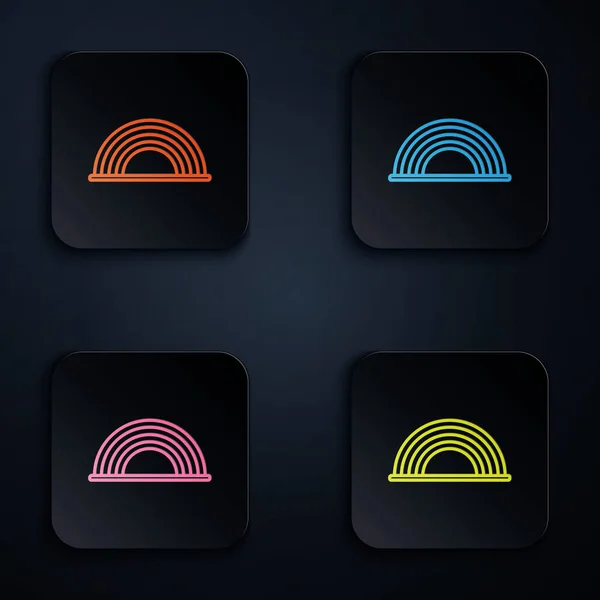 Farbe Neon Line Regenbogen mit Wolken-Symbol isoliert auf schwarzem Hintergrund. setzen Symbole in bunten quadratischen Tasten. Vektorillustration — Stockvektor