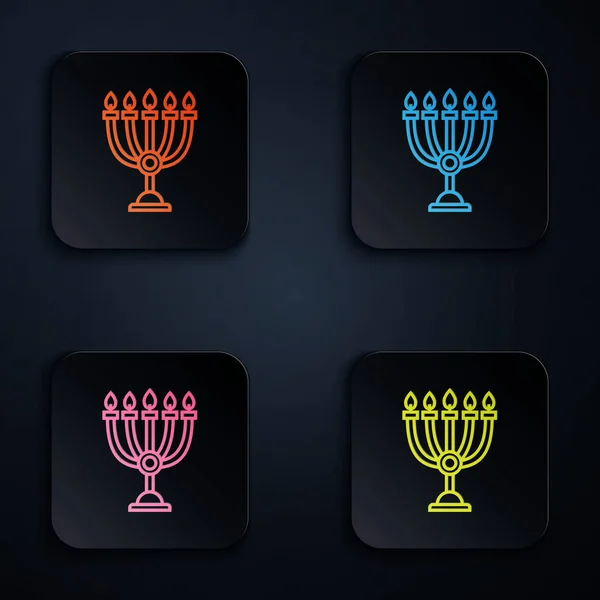 Cor neon line Hanukkah menorah ícone isolado no fundo preto. Símbolo tradicional Hanukkah. Religião de férias, festival judaico de Luzes. Definir ícones em botões quadrados coloridos. Ilustração vetorial — Vetor de Stock