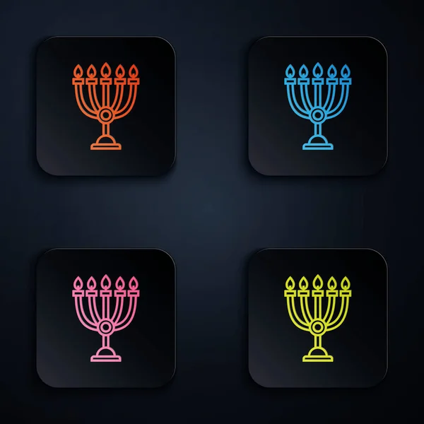 Color neón línea Hanukkah menorah icono aislado sobre fondo negro. Hanukkah símbolo tradicional. Religión navideña, festival judío de las Luces. Establecer iconos en botones cuadrados de colores. Ilustración vectorial — Archivo Imágenes Vectoriales