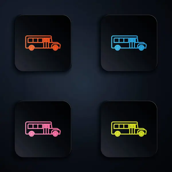 Kolor neon linii School Bus ikona izolowana na czarnym tle. Symbol transportu publicznego. Zestaw ikon w kolorowe kwadratowe przyciski. Ilustracja wektora — Wektor stockowy