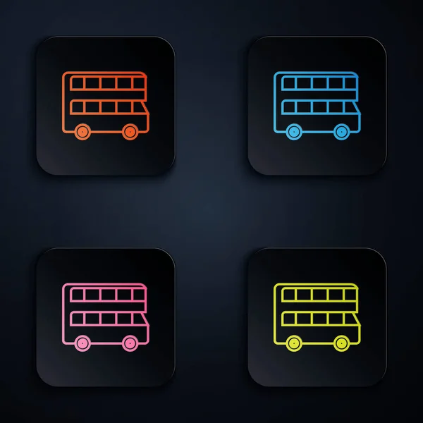 Renkli neon hattı çift katlı otobüs simgesi siyah arkaplanda izole edildi. Londra klasik yolcu otobüsü. Toplu taşıma sembolü. Renkli kare düğmelere simgeleri yerleştir. Vektör İllüstrasyonu — Stok Vektör