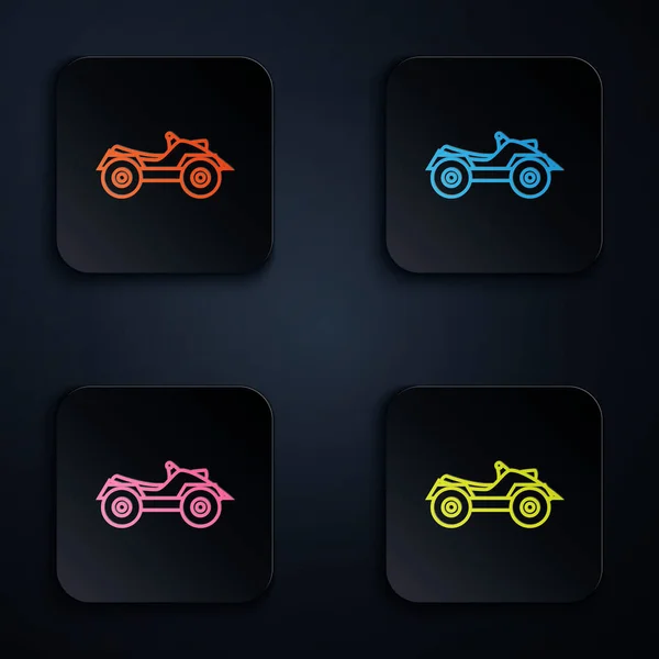 Farbe Neon Line alle Geländewagen oder atv Motorrad-Symbol isoliert auf schwarzem Hintergrund. Quad fahren. Extremsport. setzen Symbole in bunten quadratischen Tasten. Vektorillustration — Stockvektor