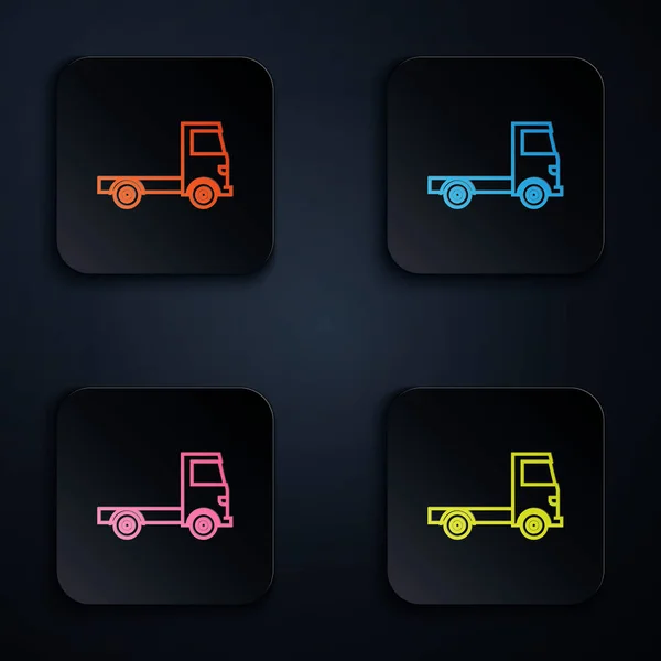 Färg neon line Leverans lastbil fordon ikon isolerad på svart bakgrund. Ställ ikoner i färgglada fyrkantiga knappar. Vektor Illustration — Stock vektor