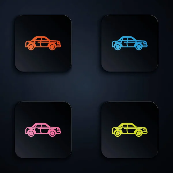 Color neon line Sedan car icon isolated on black background. Set icons in colorful square buttons. Vector Illustration — Stock Vector