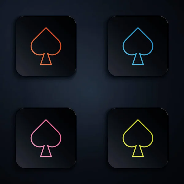 彩色霓虹灯线扑克与黑桃符号图标隔离在黑色背景. 赌场赌博。 在彩色正方形按钮中设置图标. 病媒图解 — 图库矢量图片