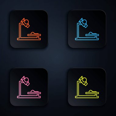 Renkli neon çizgisi mikroskop simgesi siyah arkaplanda izole edildi. Kimya, ilaç aleti, mikrobiyoloji büyütme aracı. Renkli kare düğmelere simgeleri yerleştir. Vektör İllüstrasyonu