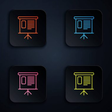 Renkli neon hattı sunum finansal iş panosu grafik, çizelge, diyagram, bilgi grafiği, turta grafik simgesi siyah arkaplan üzerinde. Renkli kare düğmelere simgeleri yerleştir. Vektör İllüstrasyonu