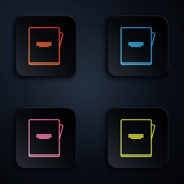 Renk neon çizgisi Not Defteri simgesi siyah arkaplanda izole edildi. Spiral not defteri simgesi. Okul defteri. Yazı tahtası. Okul günlüğü. Renkli kare düğmelere simgeleri yerleştir. Vektör İllüstrasyonu