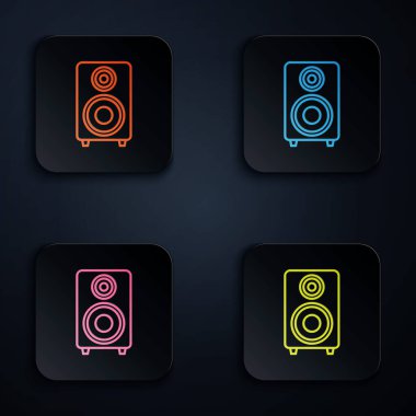 Renkli neon hattı Stereo hoparlörü simgesi siyah arkaplanda izole edildi. Ses sistemi hoparlörleri. Müzik ikonu. Müzikal sütun hoparlörü. Renkli kare düğmelere simgeleri yerleştir. Vektör İllüstrasyonu