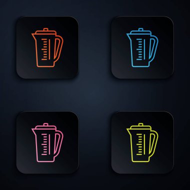 Siyah zemin üzerinde izole edilmiş kuru ve sıvı yiyecek ikonunu ölçmek için renkli neon çizgisi ölçme kabı. Plastik şişenin sapı var. Renkli kare düğmelere simgeleri yerleştir. Vektör İllüstrasyonu