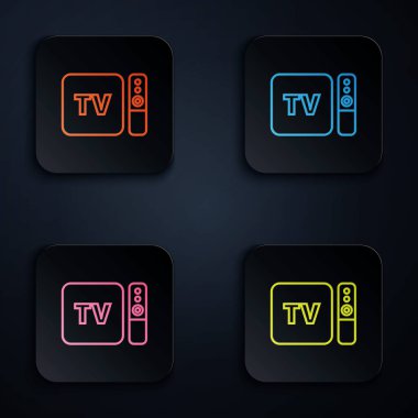 Renkli neon hattı Multimedia ve TV kutusu alıcısı ve uzaktan kumanda simgesine sahip oyuncu siyah arkaplanda izole edildi. Renkli kare düğmelere simgeleri yerleştir. Vektör İllüstrasyonu