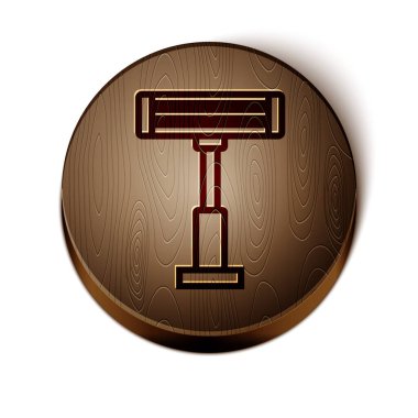 Kahverengi çizgi elektrikli ısıtıcı simgesi beyaz arkaplanda izole edildi. Uzaktan kumandalı kızıl ötesi ısıtıcı. Klima kontrolü. Tahta daire düğmesi. Vektör İllüstrasyonu