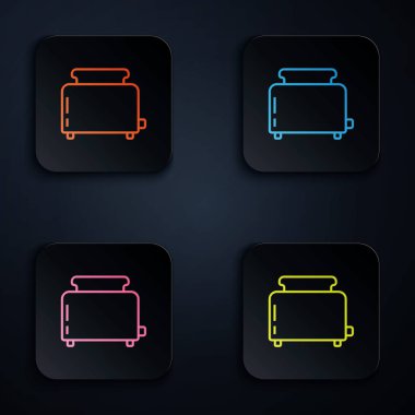 Siyah arkaplanda izole edilmiş tost simgesiyle renkli neon hattı tost makinesi. Renkli kare düğmelere simgeleri yerleştir. Vektör İllüstrasyonu