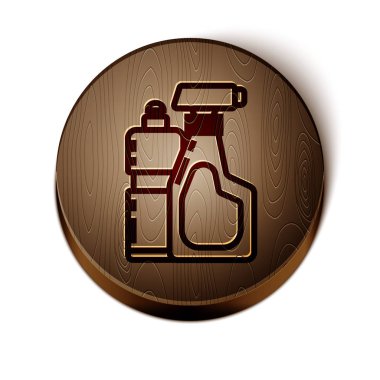 Kahverengi çizgi plastik şişeler sıvı çamaşır deterjanı, çamaşır suyu, bulaşık deterjanı ya da beyaz arka planda izole edilmiş başka bir temizlik maddesi. Tahta daire düğmesi. Vektör İllüstrasyonu