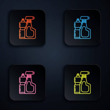 Renkli neon çizgisi. Sıvı çamaşır deterjanı, çamaşır suyu, bulaşık deterjanı veya siyah arka planda başka bir temizlik maddesi simgesi için plastik şişeler. Renkli kare düğmelere simgeleri yerleştir. Vektör İllüstrasyonu