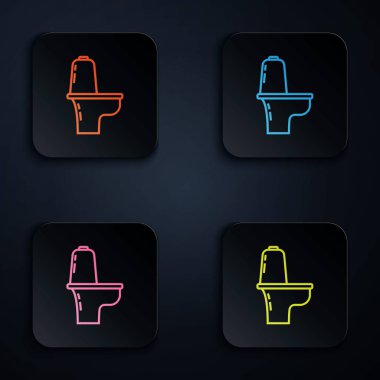 Siyah arka planda renkli neon çizgili tuvalet klozeti simgesi. Renkli kare düğmelere simgeleri yerleştir. Vektör İllüstrasyonu