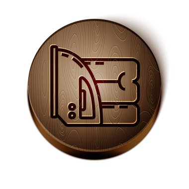 Kahverengi çizgi elektrikli ütü ve havlu ikonu beyaz arka planda izole edildi. Buhar ütüsü. Tahta daire düğmesi. Vektör İllüstrasyonu