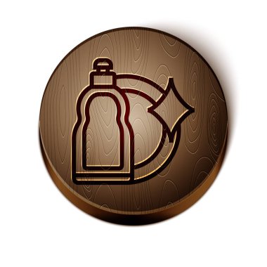 Kahverengi çizgi plastik şişe sıvı çamaşır deterjanı, çamaşır suyu, bulaşık deterjanı ya da beyaz arka planda izole edilmiş başka bir temizlik maddesi ikonu için. Tahta daire düğmesi. Vektör İllüstrasyonu