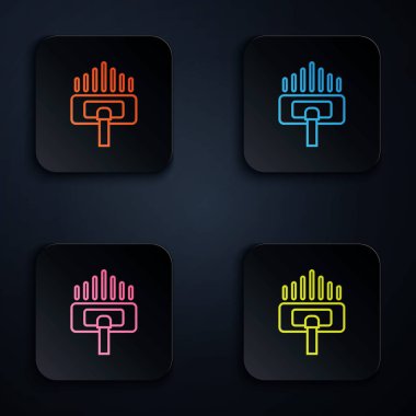 Siyah arkaplanda renkli neon hat temizleme servisi simgesi. Süpürge kafası daire şeklinde, halı temizleme logosu. Renkli kare düğmelere simgeleri yerleştir. Vektör İllüstrasyonu