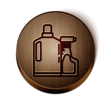 Kahverengi çizgi plastik şişeler sıvı çamaşır deterjanı, çamaşır suyu, bulaşık deterjanı ya da beyaz arka planda izole edilmiş başka bir temizlik maddesi. Tahta daire düğmesi. Vektör İllüstrasyonu