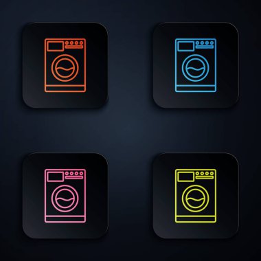 Siyah arkaplanda renkli neon çizgisi yıkama simgesi. Çamaşır makinesi simgesi. Çamaşır makinesi, çamaşır makinesi. Ev aletleri sembolü. Renkli kare düğmelere simgeleri yerleştir. Vektör İllüstrasyonu