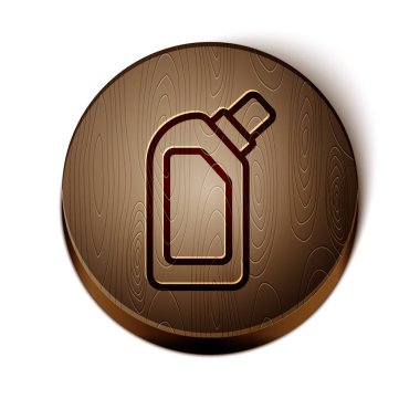 Kahverengi çizgi plastik şişe sıvı çamaşır deterjanı, çamaşır suyu, bulaşık deterjanı ya da beyaz arka planda izole edilmiş başka bir temizlik maddesi ikonu için. Tahta daire düğmesi. Vektör İllüstrasyonu