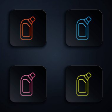 Renkli neon hat plastik şişe sıvı çamaşır deterjanı, çamaşır suyu, bulaşık deterjanı ya da siyah arka planda başka bir temizlik maddesi simgesi için. Renkli kare düğmelere simgeleri yerleştir. Vektör İllüstrasyonu