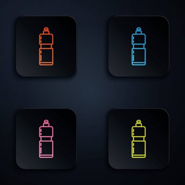 Renkli neon hat plastik şişe sıvı çamaşır deterjanı, çamaşır suyu, bulaşık deterjanı ya da siyah arka planda başka bir temizlik maddesi simgesi için. Renkli kare düğmelere simgeleri yerleştir. Vektör İllüstrasyonu