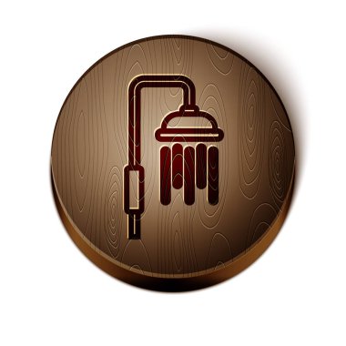 Kahverengi çizgi duş başlığı, beyaz zemin üzerinde su damlaları akan ikon izole edildi. Tahta daire düğmesi. Vektör İllüstrasyonu